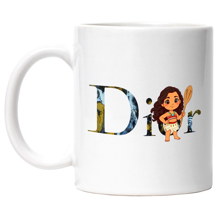 Cana Cu Moana, Cu Textul "Dior" - Design 5, Ceramica, 330ML, Cu Maner si Interior Alb