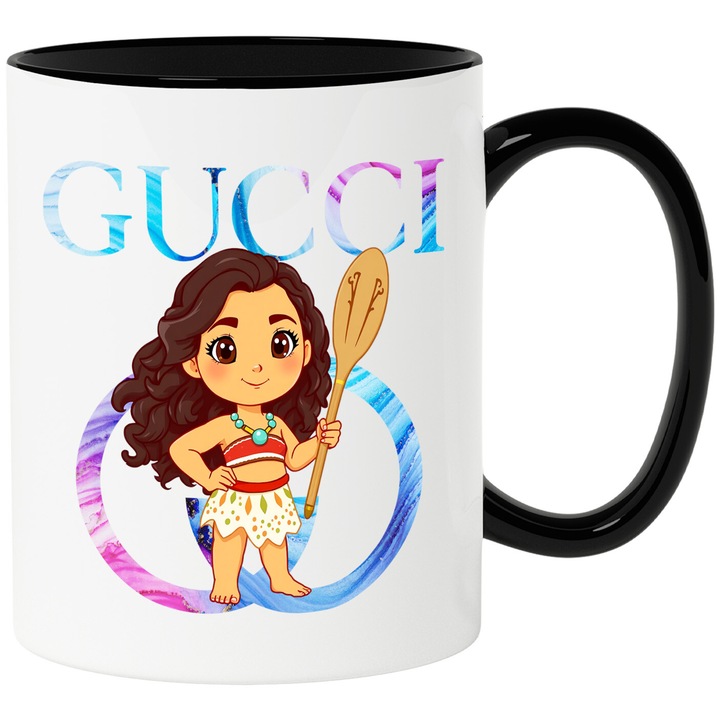 Cana Cu Moana, Cu Textul "Gucci" - Design 12, Ceramica, 330ML, Cu Maner si Interior Negru