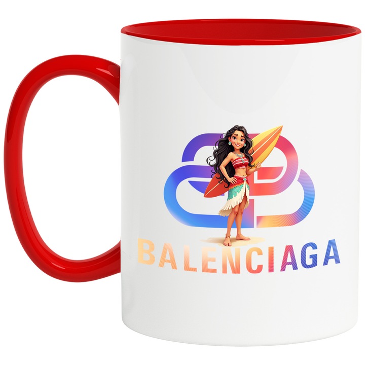 Cana Cu Moana, Cu Textul "Balenciaga" - Design 13, Ceramica, 330ML, Cu Maner si Interior Rosu