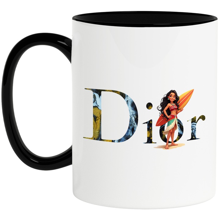 Cana Cu Moana, Cu Textul "Dior" - Design 6, Ceramica, 330ML, Cu Maner si Interior Negru