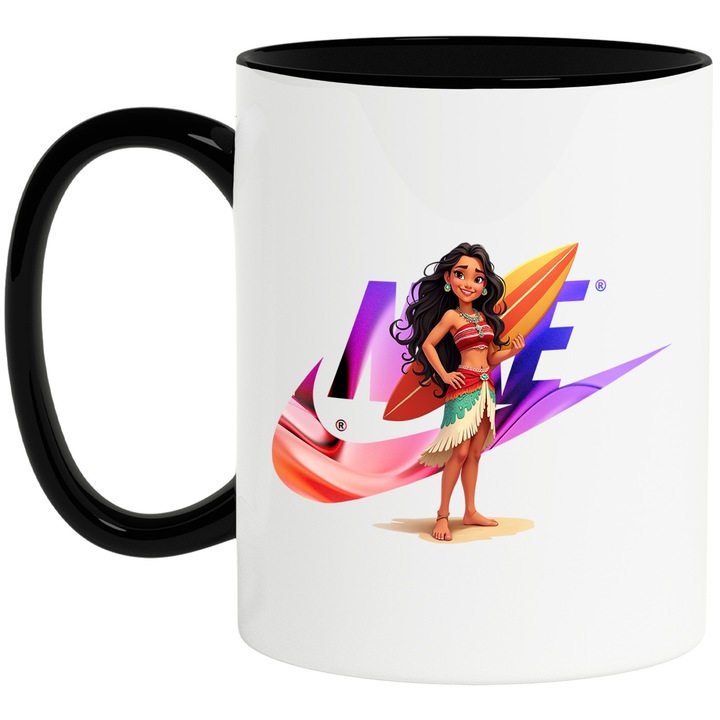 Cana Cu Moana, Cu Textul "Nike" - Design 24, Ceramica, 330ML, Cu Maner si Interior Negru
