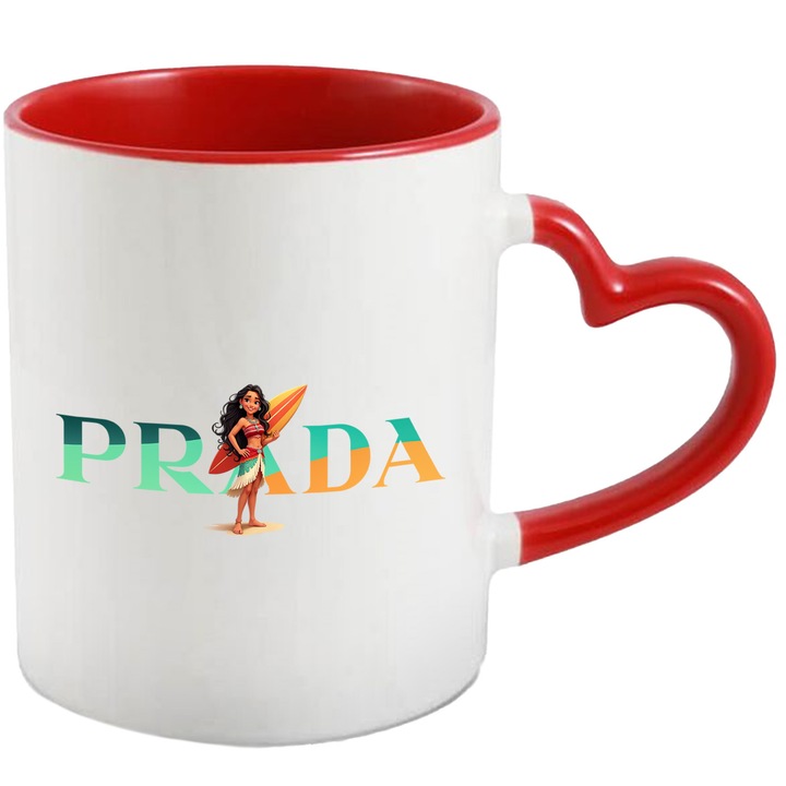 Cana Cu Moana, Cu Textul "Prada" - Design 6, Ceramica, 330ML, Cu Maner Inima Rosie si Interior Rosu