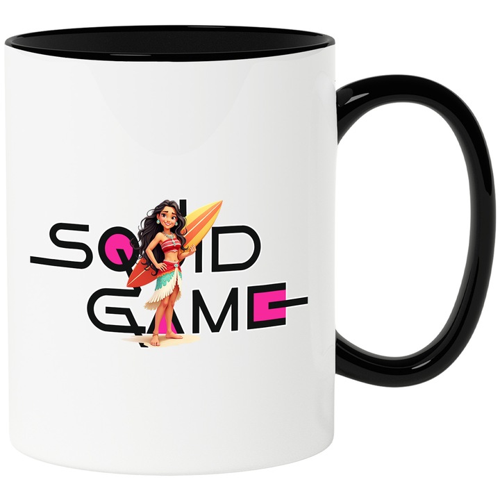 Cana Cu Moana, Cu Textul "Squid Game" - Design 6, Ceramica, 330ML, Cu Maner si Interior Negru