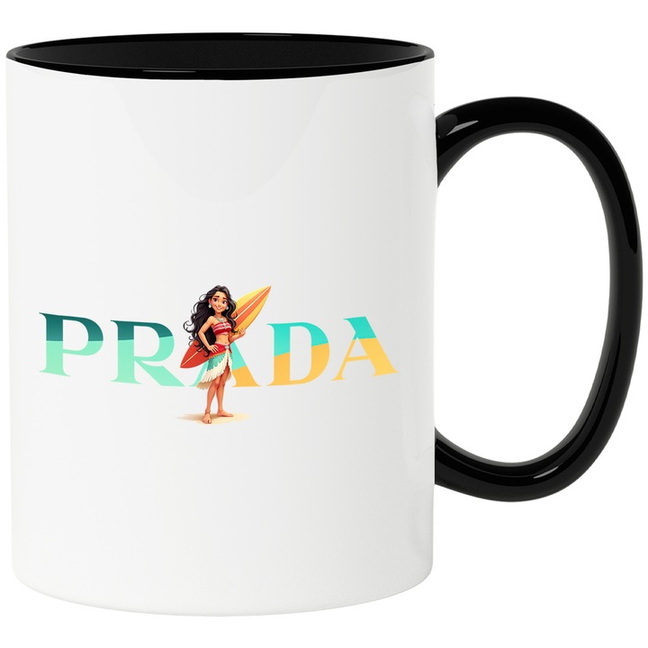 Cana Cu Moana, Cu Textul "Prada" - Design 6, Ceramica, 330ML, Cu Maner si Interior Negru