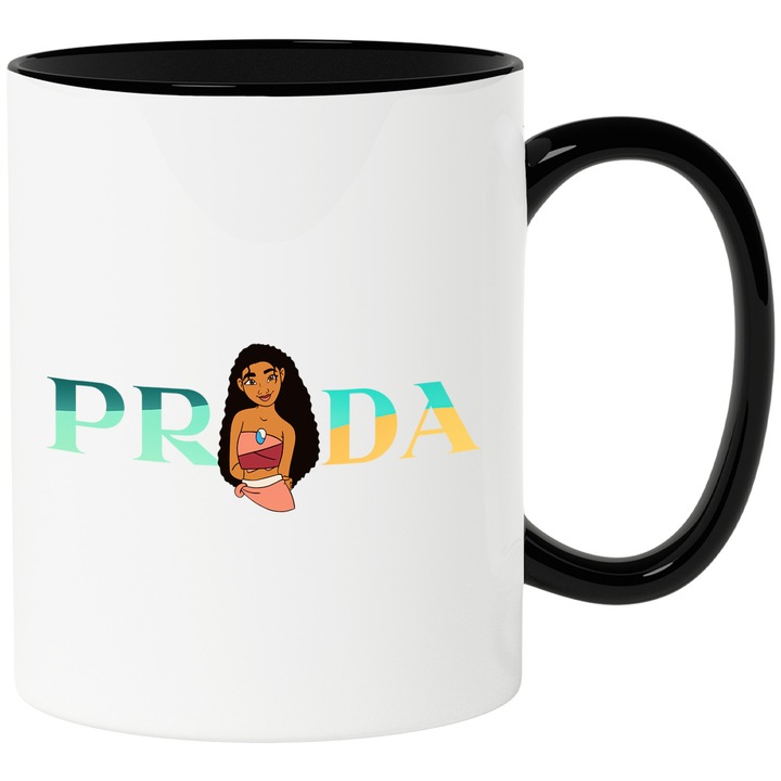 Cana Cu Moana, Cu Textul "Prada" - Design 7, Ceramica, 330ML, Cu Maner si Interior Negru