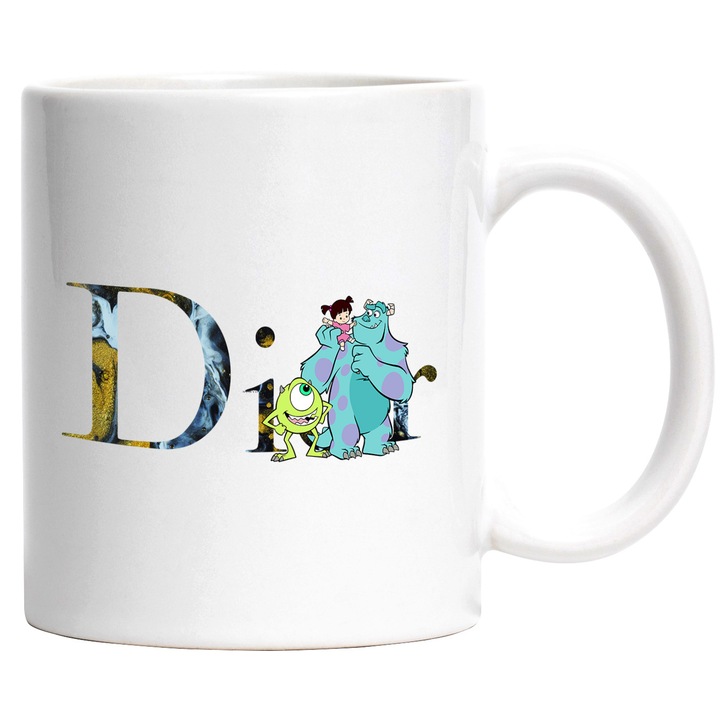 Cana Cu Monsters Inc, Cu Textul "Dior" - Design 1, Ceramica, 330ML, Cu Maner si Interior Alb