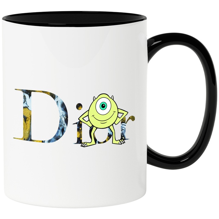 Cana Cu Monsters Inc, Cu Textul "Dior" - Design 2, Ceramica, 330ML, Cu Maner si Interior Negru