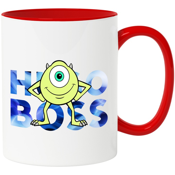 Cana Cu Monsters Inc, Cu Textul "Hugo Boss" - Design 6, Ceramica, 330ML, Cu Maner si Interior Rosu