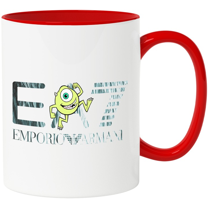 Cana Cu Monsters Inc, Cu Textul "Emporio Armani EA" - Design 7, Ceramica, 330ML, Cu Maner si Interior Rosu