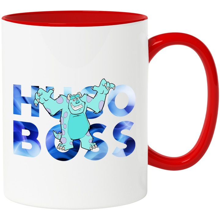 Cana Cu Monsters-Inc_, Cu Textul "png Hugo Boss" - Design 15, Ceramica, 330ML, Cu Maner si Interior Rosu