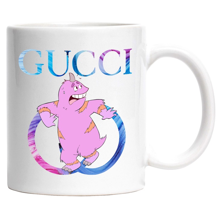 Cana Cu Monsters-Inc_, Cu Textul "png Gucci" - Design 22, Ceramica, 330ML, Cu Maner si Interior Alb