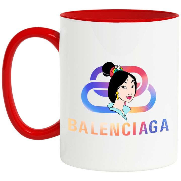 Cana Cu Mulan, Cu Textul "Balenciaga" - Design 8, Ceramica, 330ML, Cu Maner si Interior Rosu