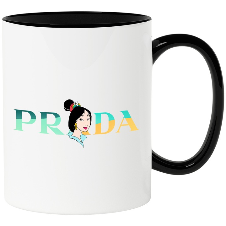 Cana Cu Mulan, Cu Textul "Prada" - Design 2, Ceramica, 330ML, Cu Maner si Interior Negru