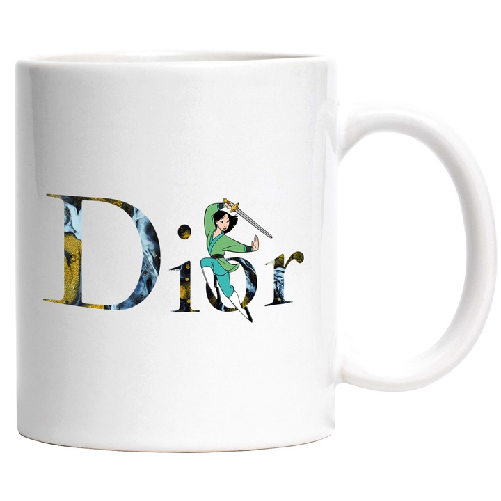 Cana Cu Mulan, Cu Textul "Dior" - Design 4, Ceramica, 330ML, Cu Maner si Interior Alb