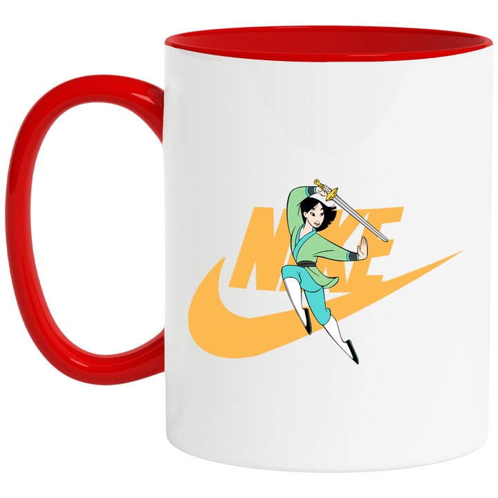 Cana Cu Mulan, Cu Textul "Nike" - Design 18, Ceramica, 330ML, Cu Maner si Interior Rosu