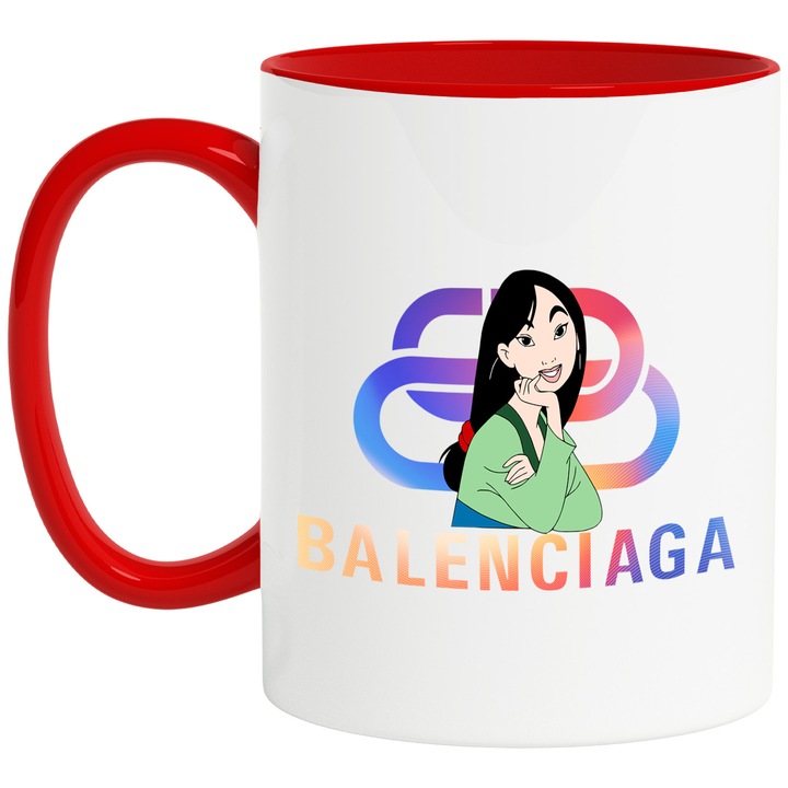 Cana Cu Mulan, Cu Textul "Balenciaga" - Design 11, Ceramica, 330ML, Cu Maner si Interior Rosu
