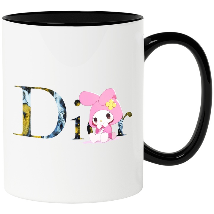 Cana Cu My melody, Cu Textul "Dior" - Design 2, Ceramica, 330ML, Cu Maner si Interior Negru