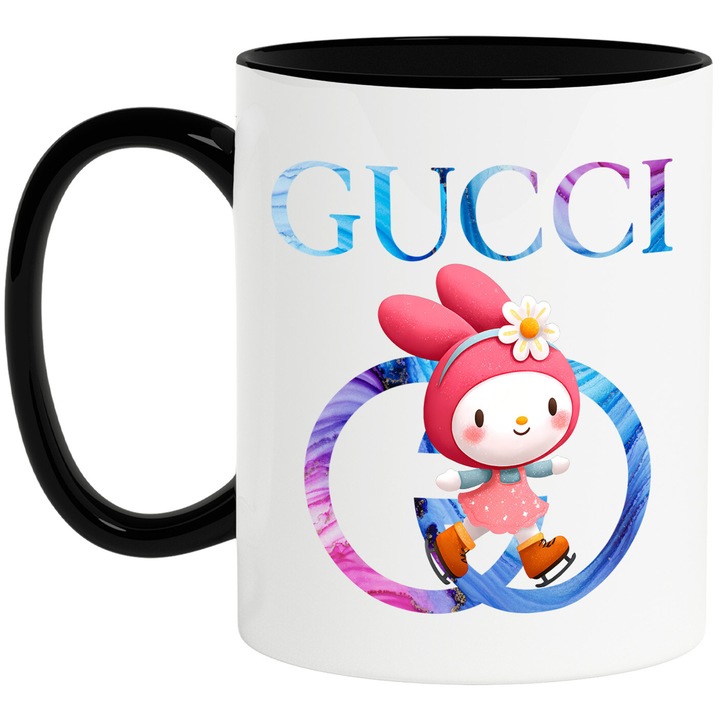 Cana Cu My melody, Cu Textul "Gucci" - Design 16, Ceramica, 330ML, Cu Maner si Interior Negru