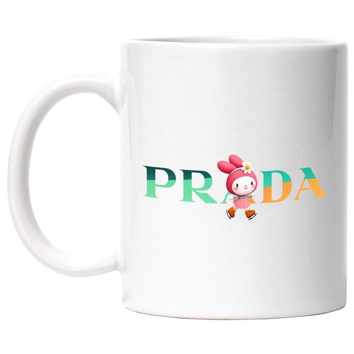 Cana Cu My melody, Cu Textul "Prada" - Design 4, Ceramica, 330ML, Cu Maner si Interior Alb