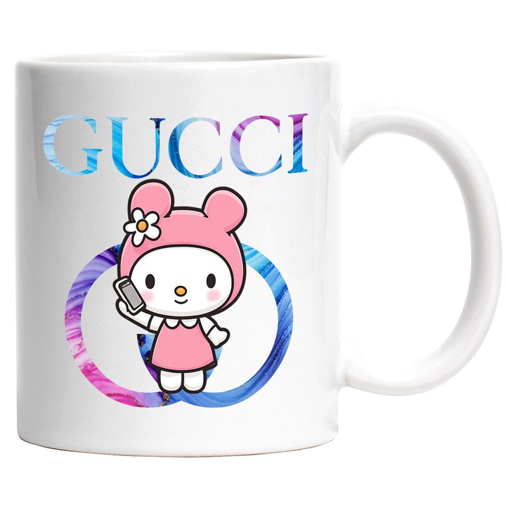 Cana Cu My melody, Cu Textul "Gucci" - Design 18, Ceramica, 330ML, Cu Maner si Interior Alb