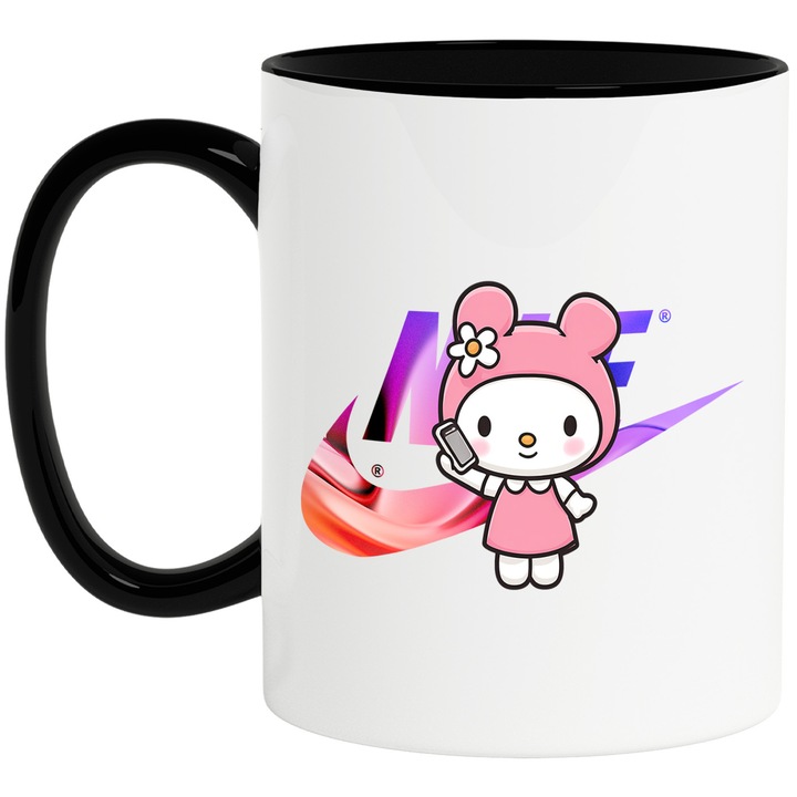 Cana Cu My melody, Cu Textul "Nike" - Design 29, Ceramica, 330ML, Cu Maner si Interior Negru