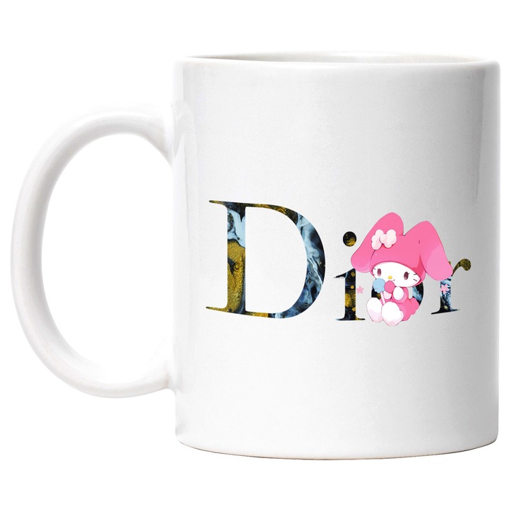 Cana Cu My melody, Cu Textul "Dior" - Design 7, Ceramica, 330ML, Cu Maner si Interior Alb
