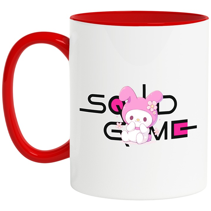 Cana Cu My melody, Cu Textul "Squid Game" - Design 8, Ceramica, 330ML, Cu Maner si Interior Rosu