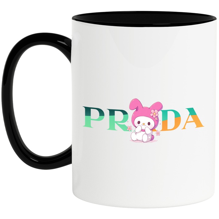 Cana Cu My melody, Cu Textul "Prada" - Design 8, Ceramica, 330ML, Cu Maner si Interior Negru