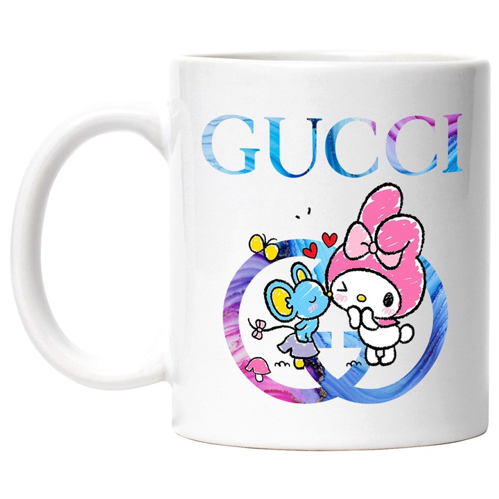 Cana Cu My melody, Cu Textul "Gucci" - Design 21, Ceramica, 330ML, Cu Maner si Interior Alb
