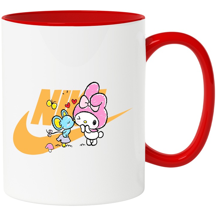 Cana Cu My melody, Cu Textul "Nike" - Design 39, Ceramica, 330ML, Cu Maner si Interior Rosu
