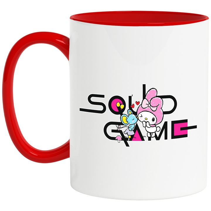 Cana Cu My melody, Cu Textul "Squid Game" - Design 9, Ceramica, 330ML, Cu Maner si Interior Rosu