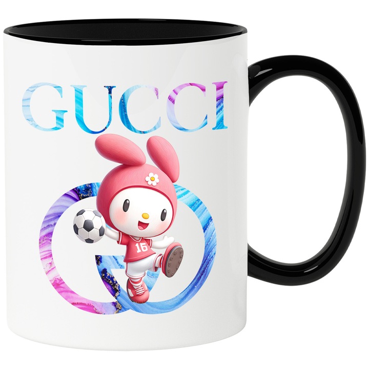 Cana Cu My melody, Cu Textul "Gucci" - Design 22, Ceramica, 330ML, Cu Maner si Interior Negru