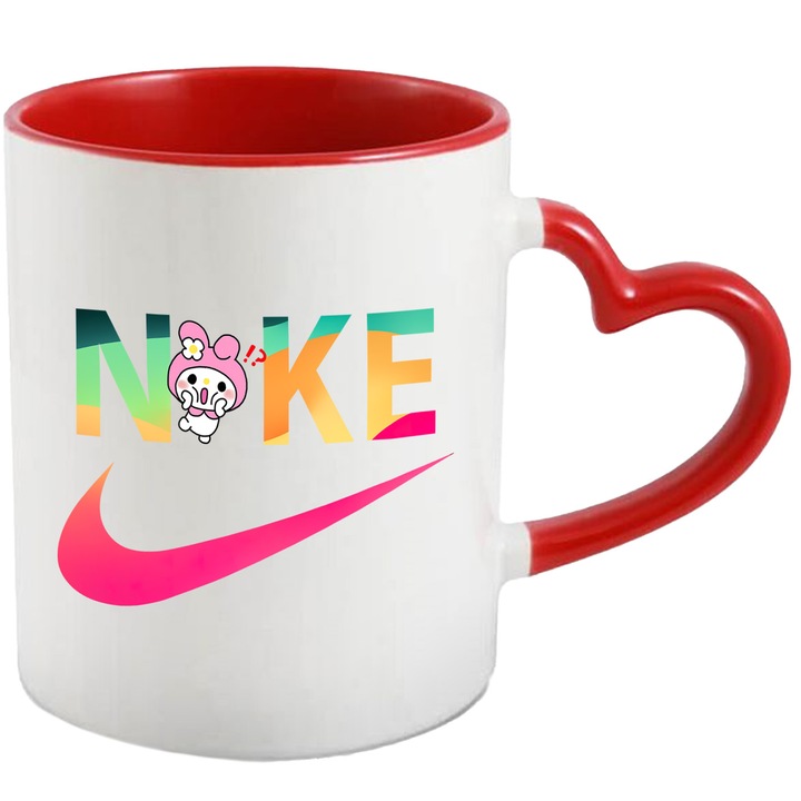 Cana Cu My melody, Cu Textul "Nike" - Design 43, Ceramica, 330ML, Cu Maner Inima Rosie si Interior Rosu