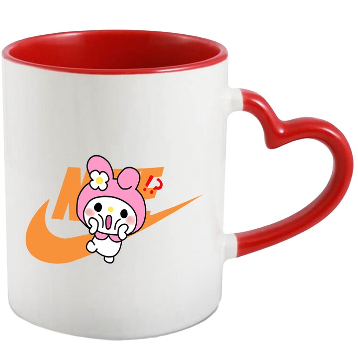 Cana Cu My melody, Cu Textul "Nike" - Design 45, Ceramica, 330ML, Cu Maner Inima Rosie si Interior Rosu