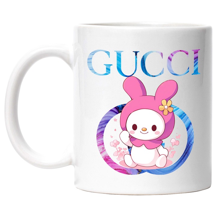 Cana Cu My melody, Cu Textul "Gucci" - Design 24, Ceramica, 330ML, Cu Maner si Interior Alb