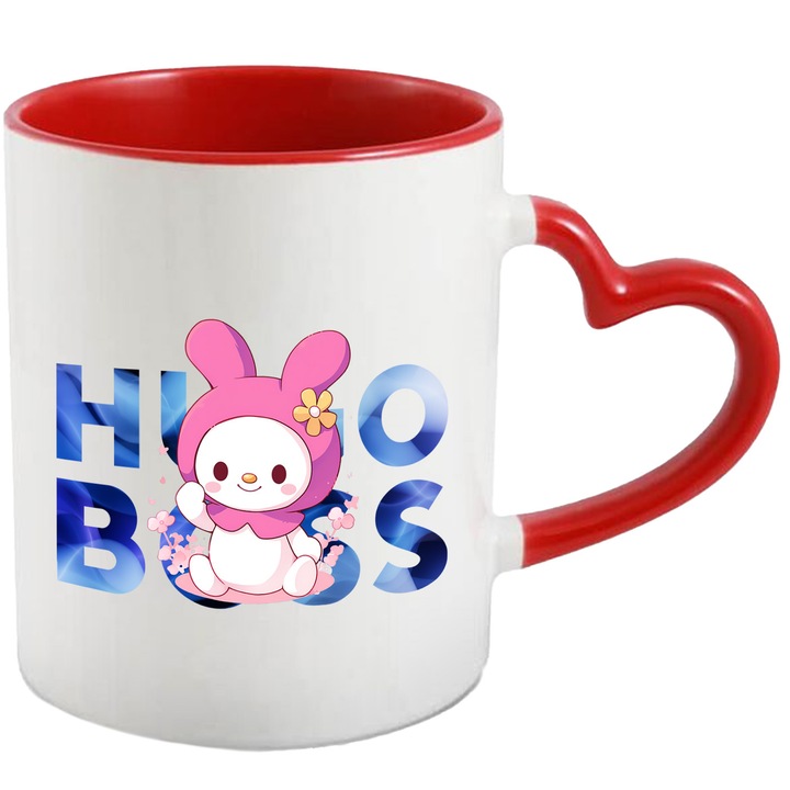 Cana Cu My melody, Cu Textul "Hugo Boss" - Design 24, Ceramica, 330ML, Cu Maner Inima Rosie si Interior Rosu