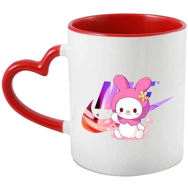 Cana Cu My melody, Cu Textul "Nike" - Design 47, Ceramica, 330ML, Cu Maner Inima Rosie si Interior Rosu