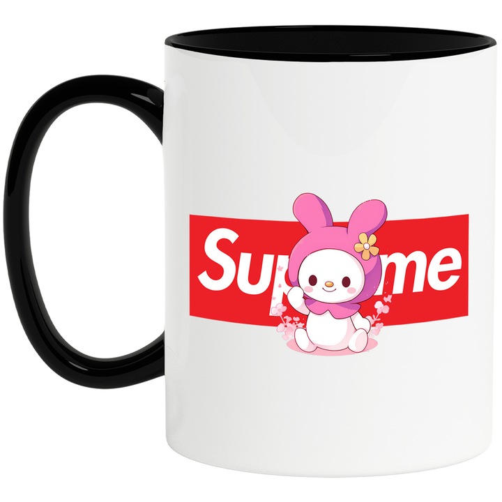 Cana Cu My melody, Cu Textul "Supreme" - Design 12, Ceramica, 330ML, Cu Maner si Interior Negru