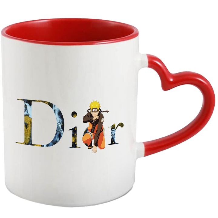 Cana Cu Naruto, Cu Textul "Dior" - Design 1, Ceramica, 330ML, Cu Maner Inima Rosie si Interior Rosu
