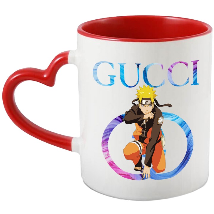 Cana Cu Naruto, Cu Textul "Gucci" - Design 3, Ceramica, 330ML, Cu Maner Inima Rosie si Interior Rosu