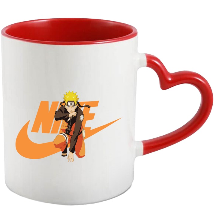 Cana Cu Naruto, Cu Textul "Nike" - Design 5, Ceramica, 330ML, Cu Maner Inima Rosie si Interior Rosu