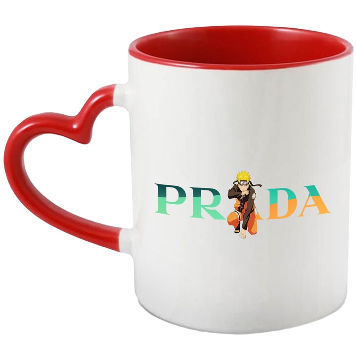 Cana Cu Naruto, Cu Textul "Prada" - Design 1, Ceramica, 330ML, Cu Maner Inima Rosie si Interior Rosu