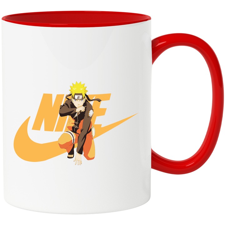 Cana Cu Naruto, Cu Textul "Nike" - Design 5, Ceramica, 330ML, Cu Maner si Interior Rosu