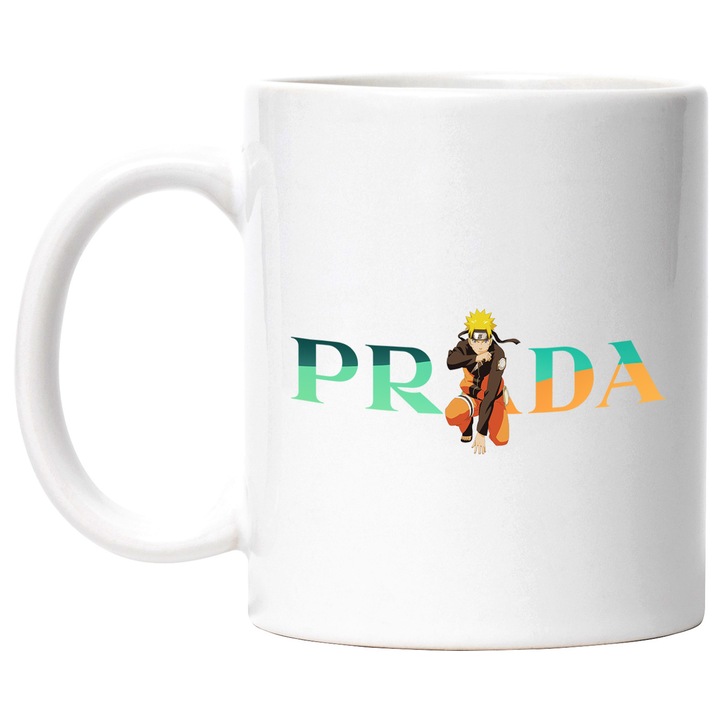 Cana Cu Naruto, Cu Textul "Prada" - Design 1, Ceramica, 330ML, Cu Maner si Interior Alb