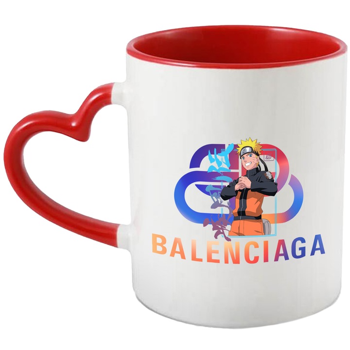 Cana Cu Naruto, Cu Textul "Balenciaga" - Design 4, Ceramica, 330ML, Cu Maner Inima Rosie si Interior Rosu