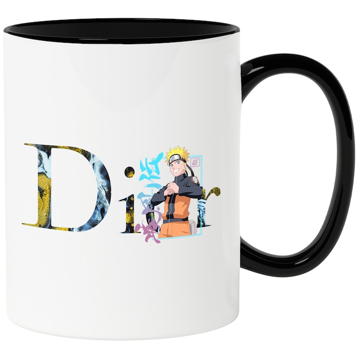 Cana Cu Naruto, Cu Textul "Dior" - Design 2, Ceramica, 330ML, Cu Maner si Interior Negru