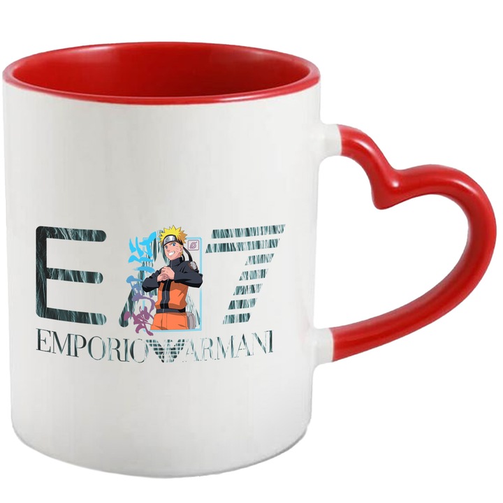 Cana Cu Naruto, Cu Textul "Emporio Armani EA" - Design 4, Ceramica, 330ML, Cu Maner Inima Rosie si Interior Rosu