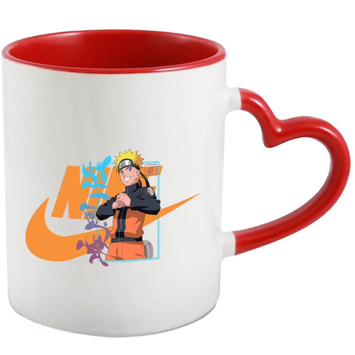 Cana Cu Naruto, Cu Textul "Nike" - Design 8, Ceramica, 330ML, Cu Maner Inima Rosie si Interior Rosu