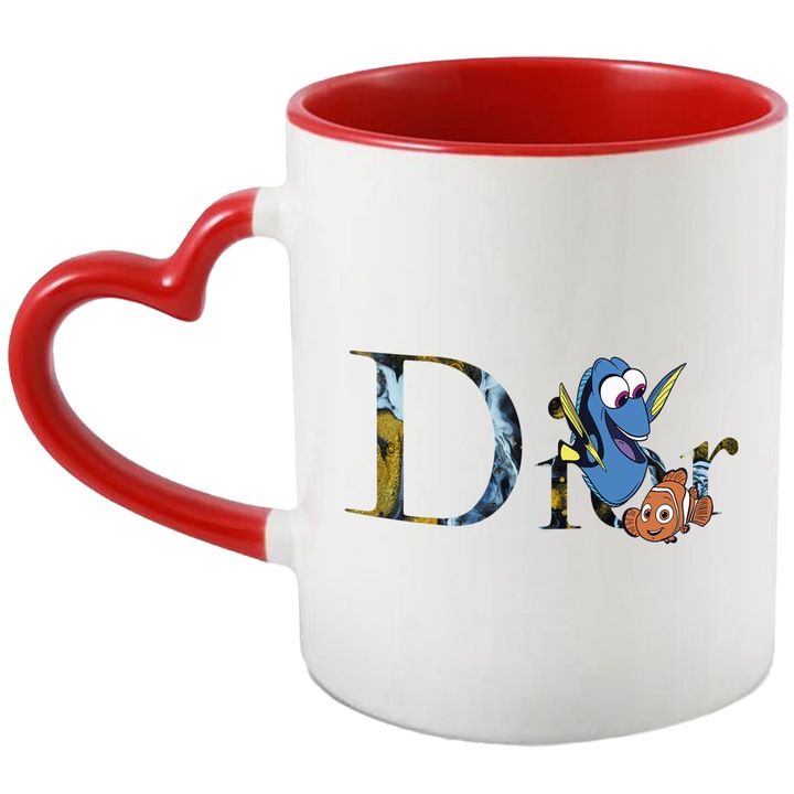 Cana Cu Nemo, Cu Textul "Dior" - Design 1, Ceramica, 330ML, Cu Maner Inima Rosie si Interior Rosu