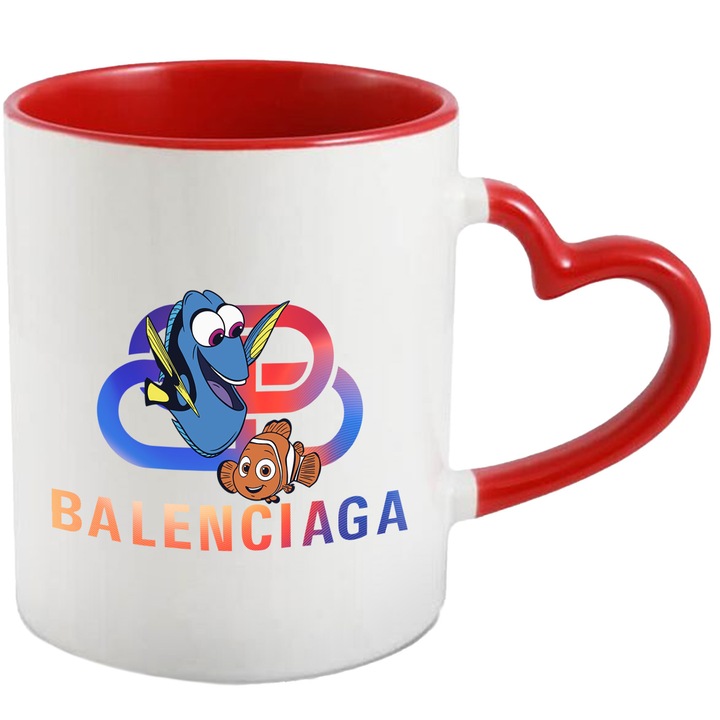 Cana Cu Nemo, Cu Textul "Balenciaga" - Design 9, Ceramica, 330ML, Cu Maner Inima Rosie si Interior Rosu